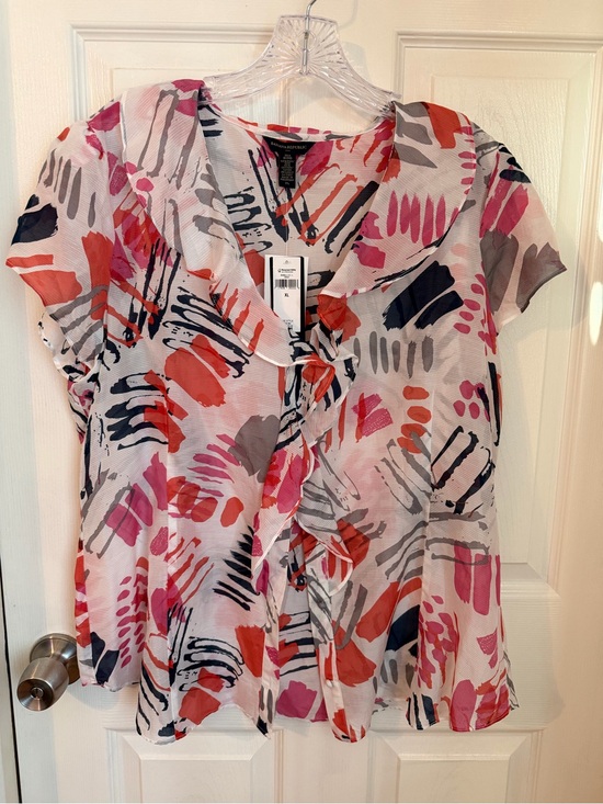 Banana Republic Tops - Banana Republic Pink Red Abstract Silk
Cotton Ruffle Top XL. NWT
